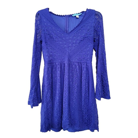 DINA BE LACE DRESS LONG BELL SLEEVE V-NECK BLUE ZIP BACK LINED SMALL FIT & FLARE - Picture 1 of 10